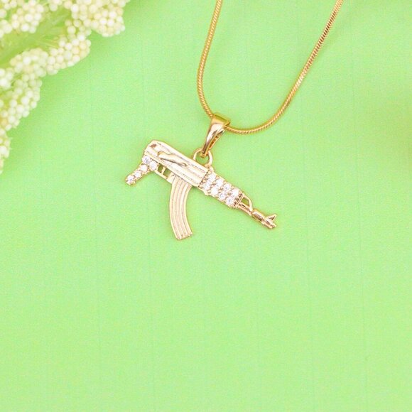 "AK-47 Shaped Rose Gold Pendant with Crystal Detailing, XPPT1556 - Picture 10 of 13